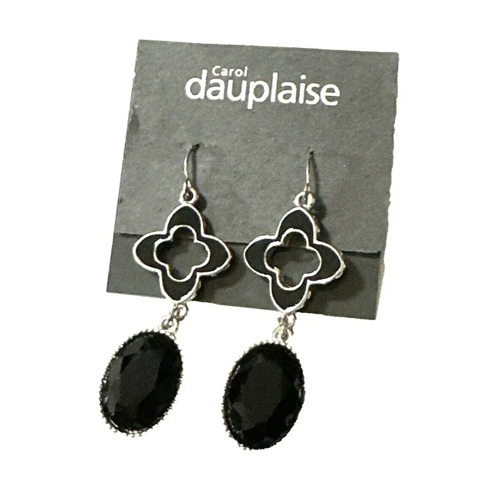 NEW Carol Dauplaise Earrings Black Enamel Rhinestone Pierced Dangle Statement